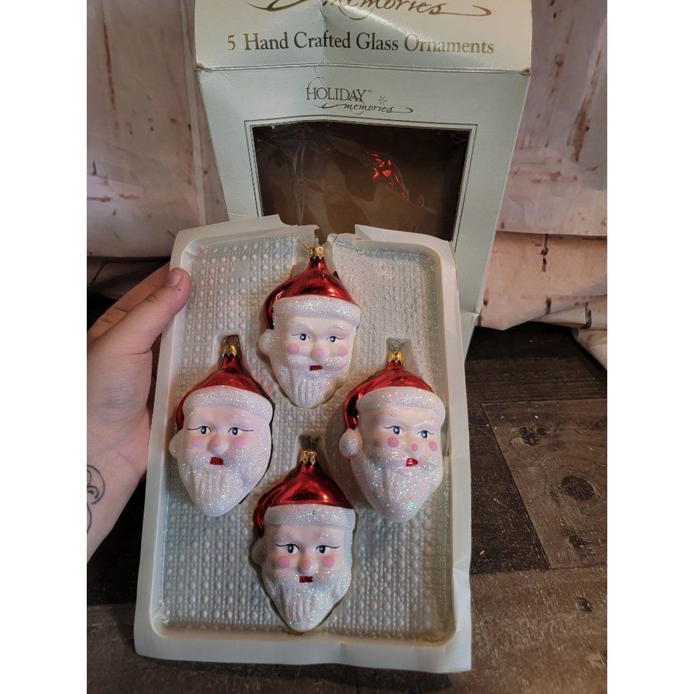 Holiday memories blown glass Santa face glitter ornament Xmas decor
